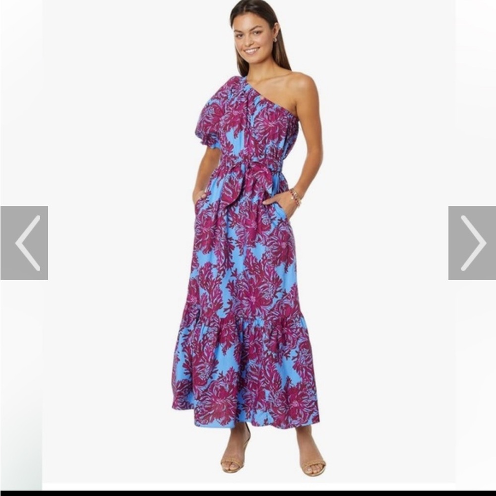 Lilly pulitzer Zalalynn One-Shoulder Blue and Magenta Floral Maxi Dress